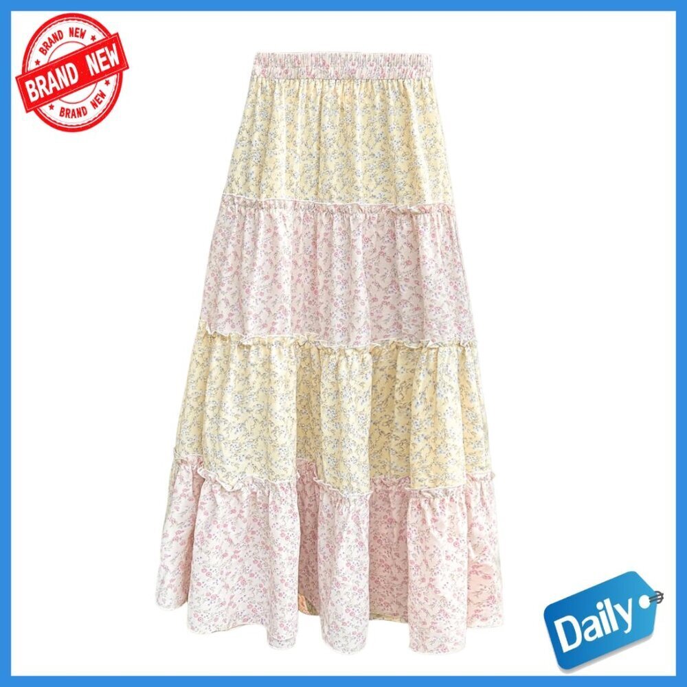 Plaid Maxi Skirt A-Line Ruffle Tiered Layer Y2K Flowy Casual